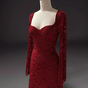 Rode kanten jurk/Redwine-jurk/jurk met lange mouwen/winterjurk/kerstjurk/cadeau voor haar/feestjurk/jurk einde jaar/plus size jurk