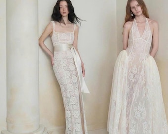 Minimalist Lace Wedding Dress with Satin Sash, Square Neck Bridal Gown, Elegant Ivory Lace Wedding Dress for Modern Bride