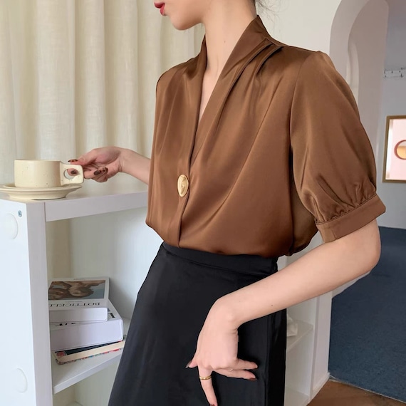 Black silk blouse short sleeve hot sale