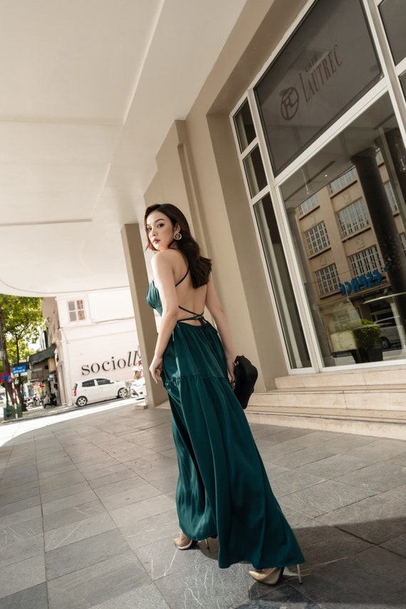 Emerald Green Silk Dress Bridesmaid dresses Engagement dress Wedding  Dress Prom Dress Gift for her Summer Dress LAA128