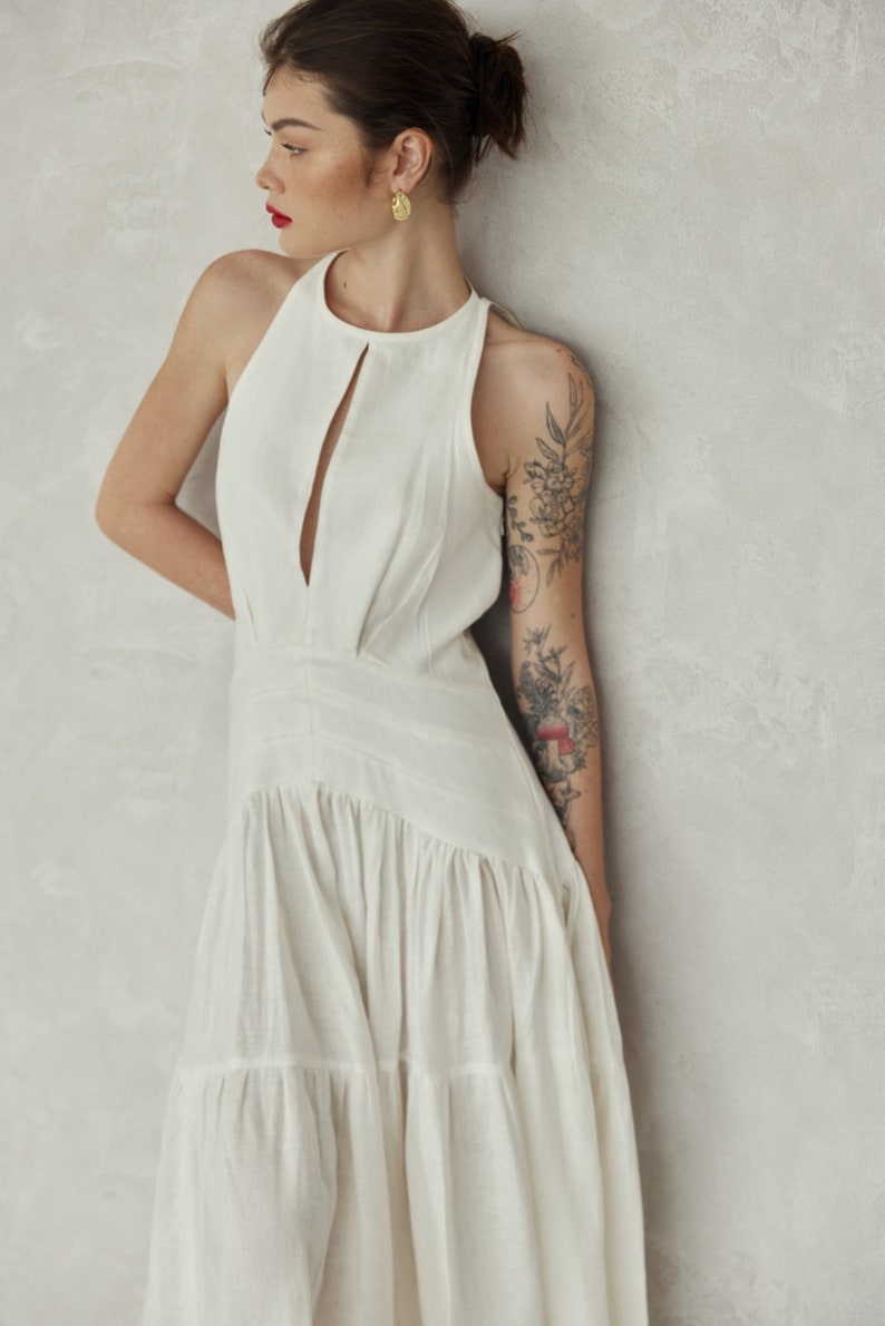 100% Premium Linen Dress Washed White Halter Dress Flax Dress Maxi Dress Simple Wedding Dress White Dress LAA78 image 5