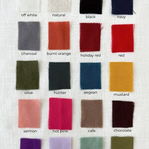 May include: Linen color chart with 16 fabric swatches in various colors, including off white, natural, black, navy, charcoal, burnt orange, holiday red, red, olive, hunter, aegean, mustard, salmon, hot pink, cafe, chocolate, purple, lavender, mint, and avocado.