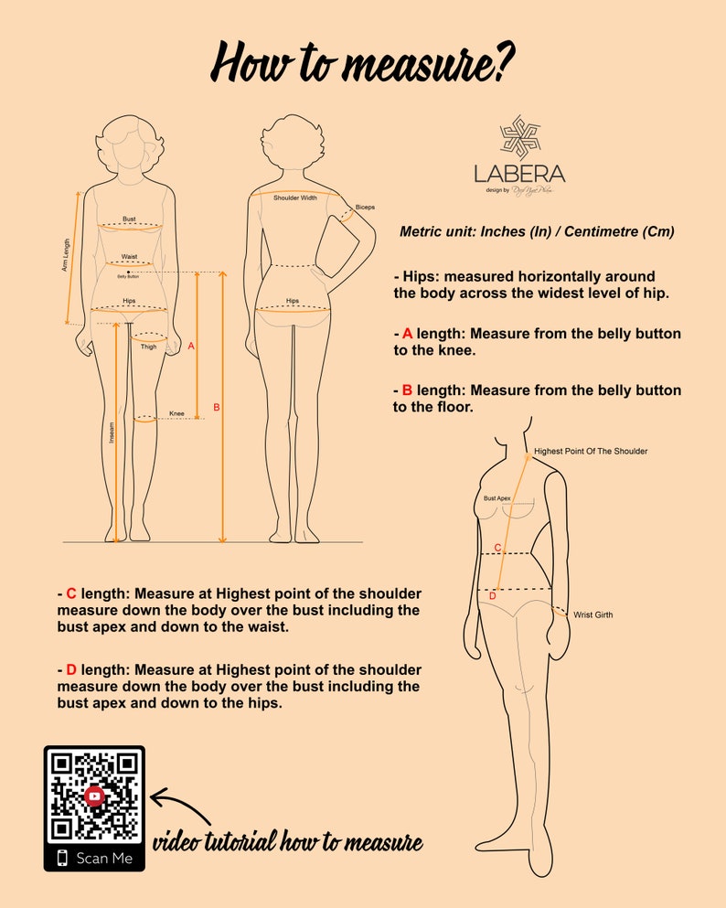 May include: Diagram showing how to measure different body parts for clothing, including bust, waist, hips, shoulder width, arm length, and leg length. The diagram includes a QR code for a video tutorial on how to measure.