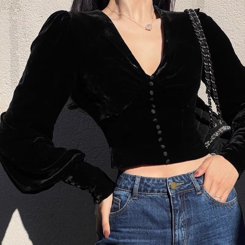 Velvet Button Blouse/ Velvet Women Blouse/ Black Vetlvet Blouse/ Long Sleeve Blouse / Loose Blouse/ Puff Sleeve Top/ buy Reception Blouse