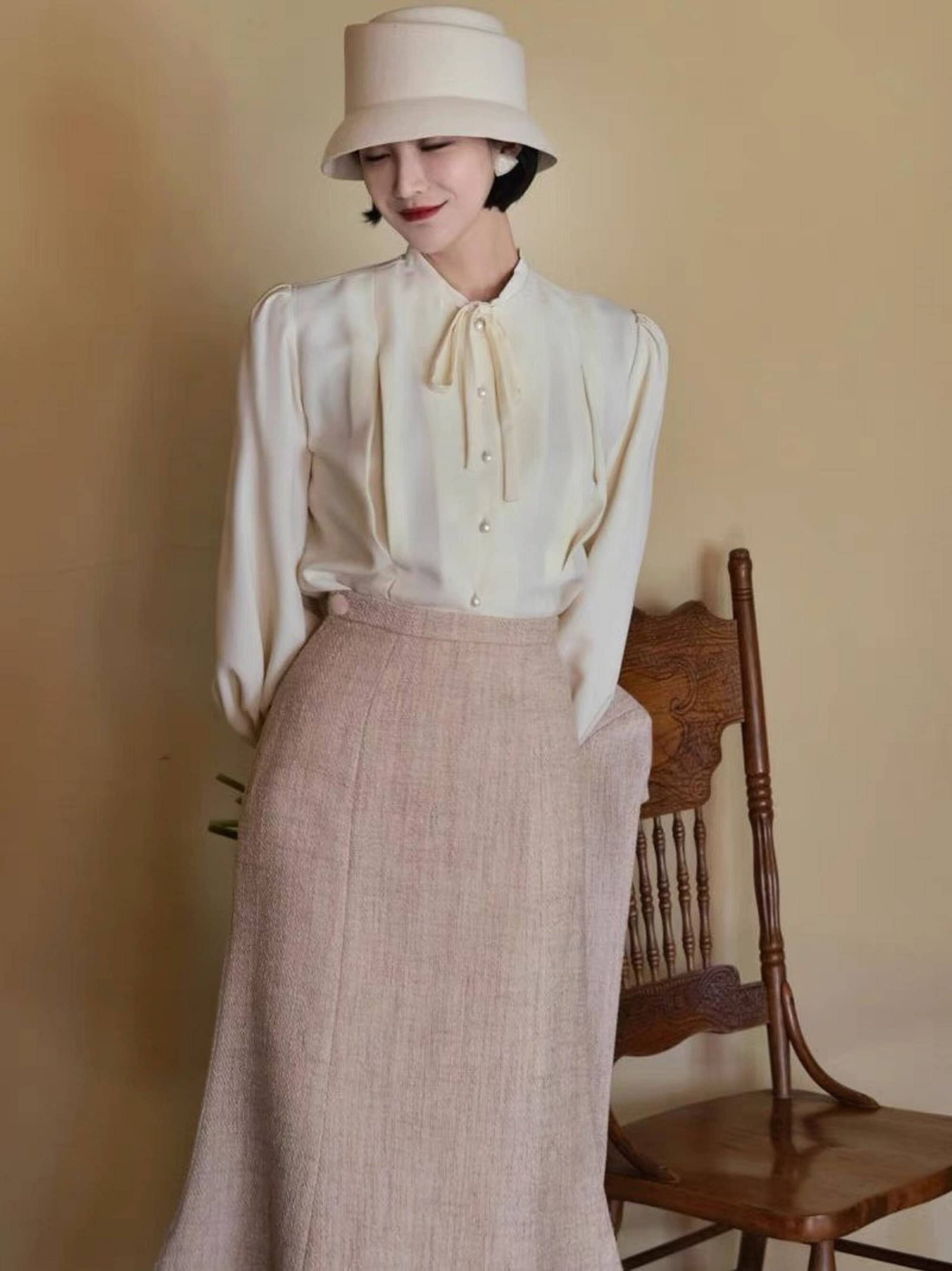 Silk Blouse for Women - Long Sleeves Blouse - Bow Tie Silk