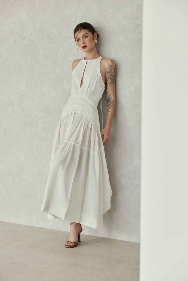 100% Premium Linen Dress Washed White Halter Dress Flax Dress Maxi Dress Simple Wedding Dress White Dress LAA78 image 2