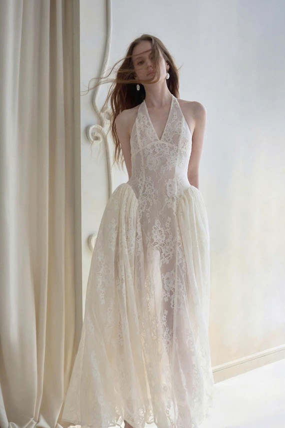 sheer backless wedding dress Lace with Detachable Overskirt, Halter Bridal Gown, Ivory Wedding Dress for Modern Bride LADR059 Ivory Bridal Gown with color_White Women's size:8 Embroidery Details