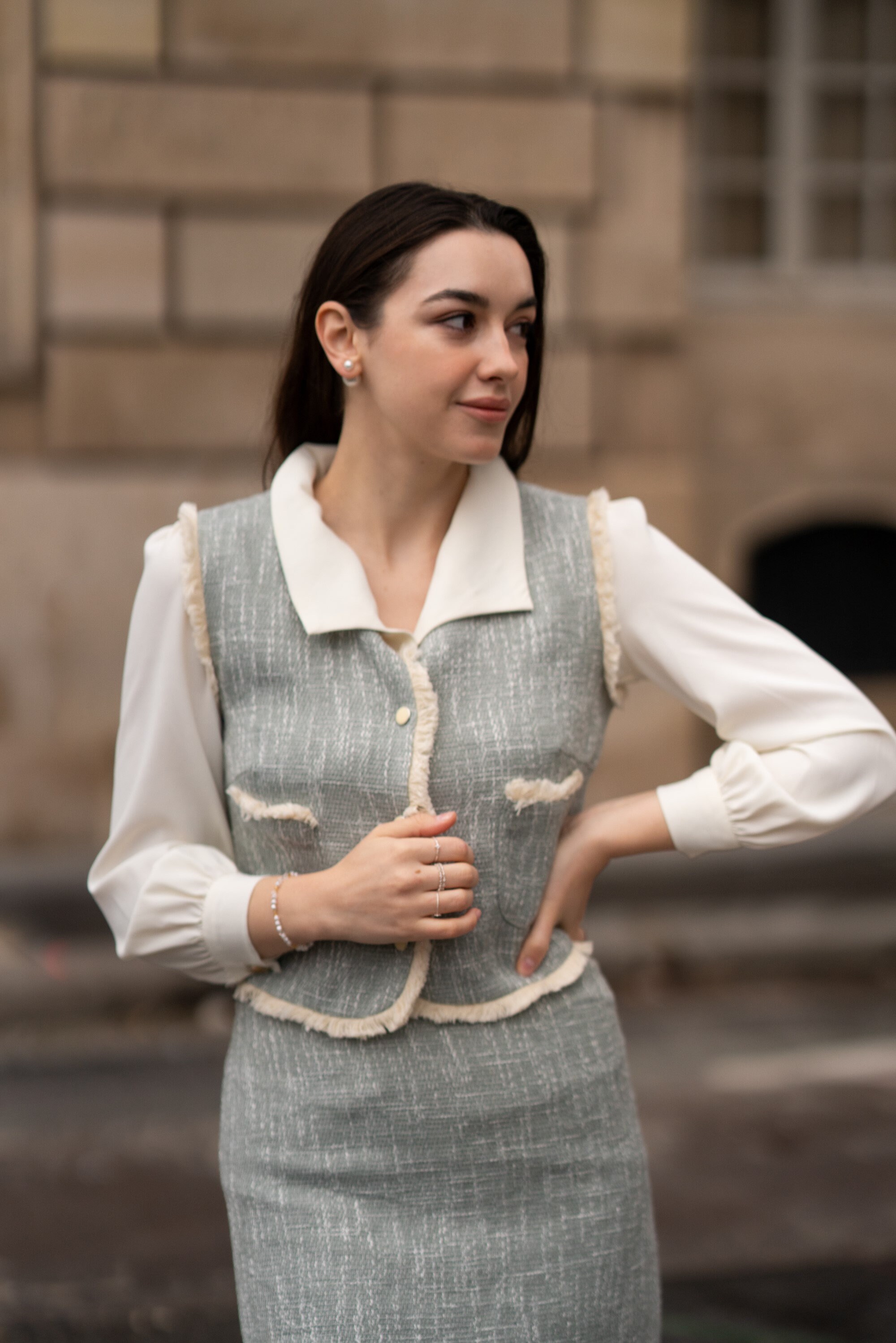 Tweed Jacket With Bow And Skirt Two Piece Set main image 0