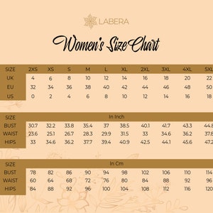 May include: A brown and gold size chart for women's clothing. The chart shows sizes in UK, EU, and US sizes, as well as bust, waist, and hip measurements in inches and centimeters. The chart is labeled 'Women's Size Chart' and 'LABERA'.