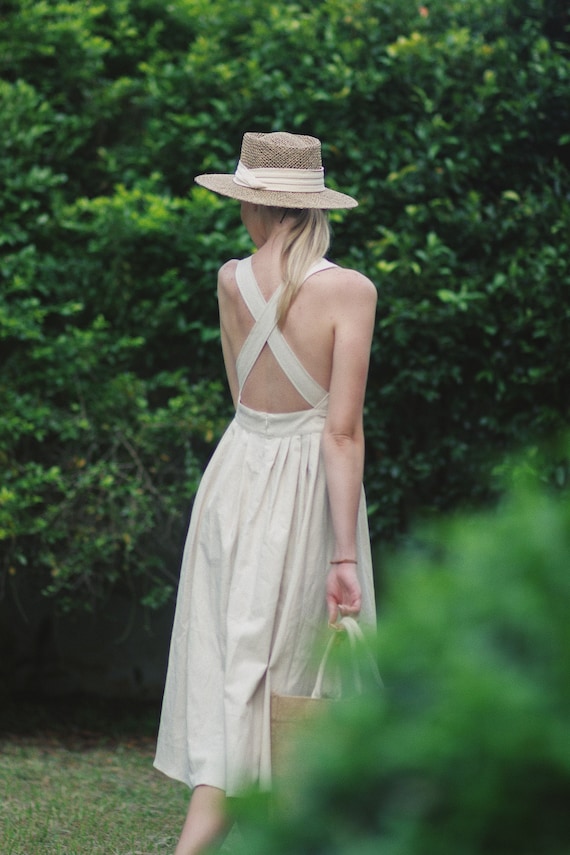 Cross Back Linen Dress Midi Dress Pure Linen Dress Linen Beige Dress Apron Linen Dress Summer Dress Flax Dress Gift for Her LAA34 Etsy