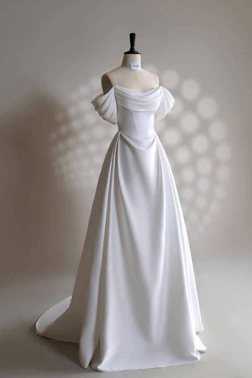 White Wedding Dress - Long Satin Dress - Party Dress - Off The Shoulder Dress - Gift For Her - Engagement Dress - Gift For Bride