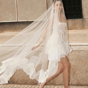 May include: A white lace wedding dress with a long tulle veil. The dress has a high neckline and a short skirt. The bride is wearing white heels.