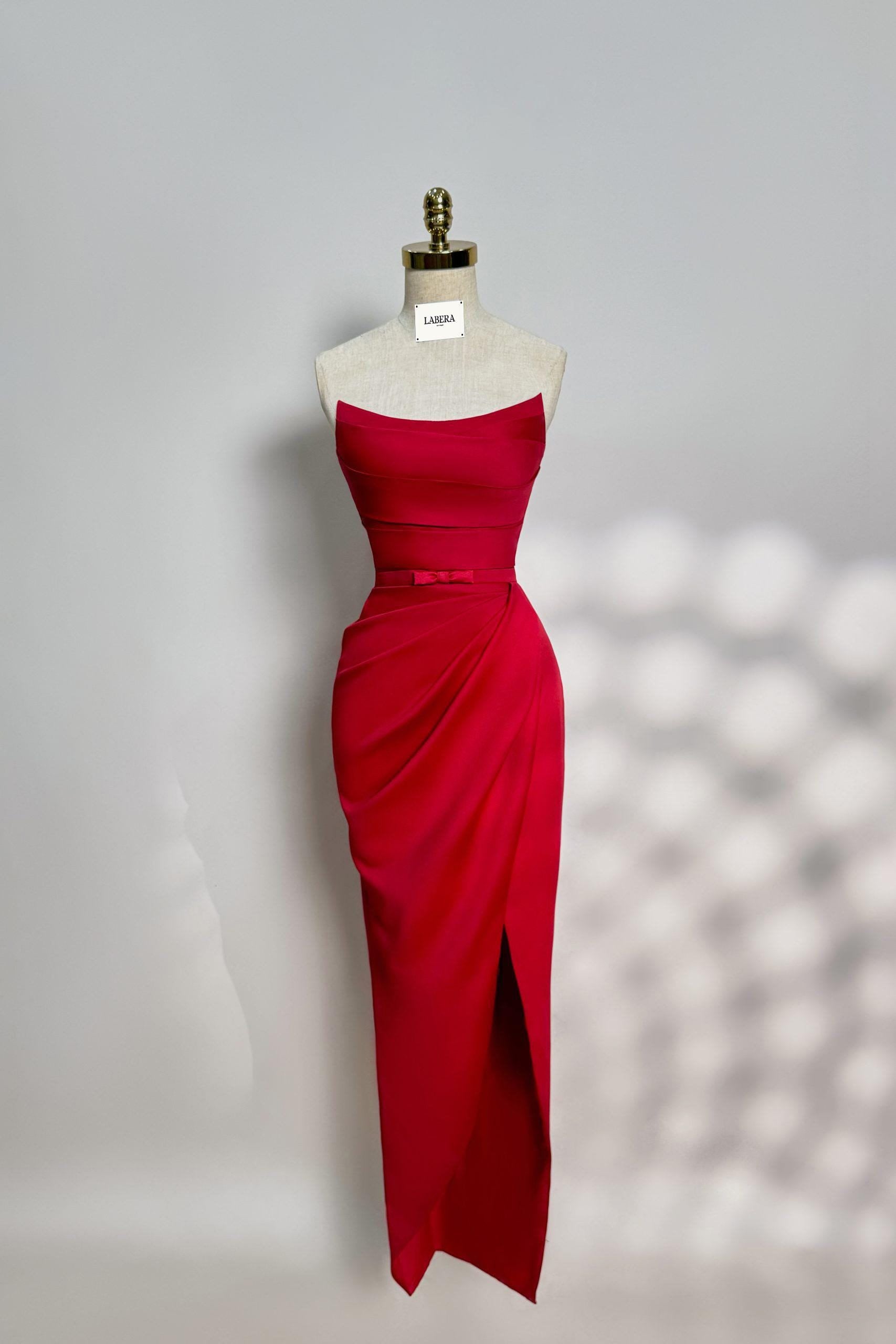 Red Dress - Long Satin Party Dress Cold Shoulder Bridesmades Gift For Her Christmas Bride
