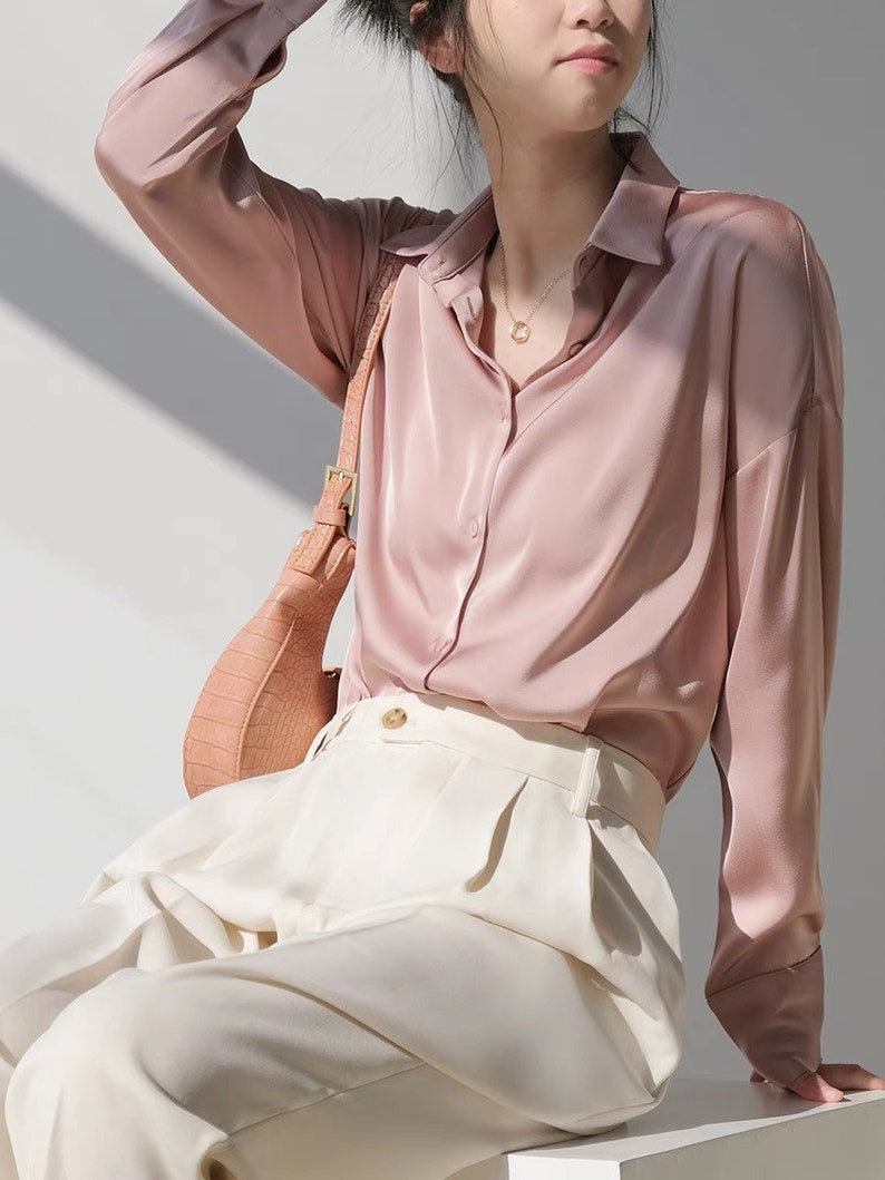 Silk long sleeves button down shirt /Women silk work top /Silk blouse / Office silk shirt /Silk top/Summer Clothing/Valentine GIft LAA44 zdjęcie 3