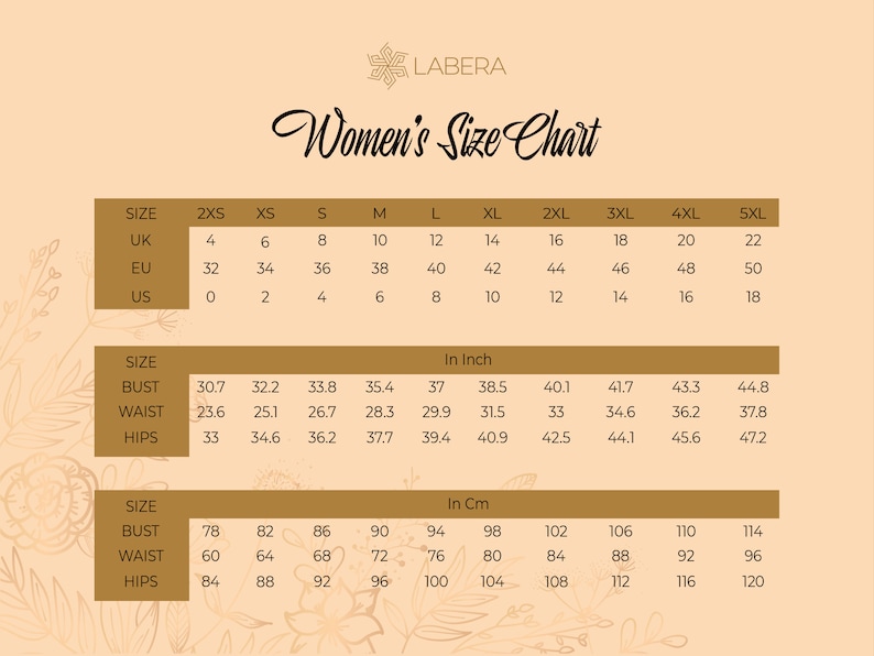 May include: A size chart for women's clothing with measurements in inches and centimeters. The chart includes sizes from 2XS to 5XL and lists bust, waist, and hip measurements.
