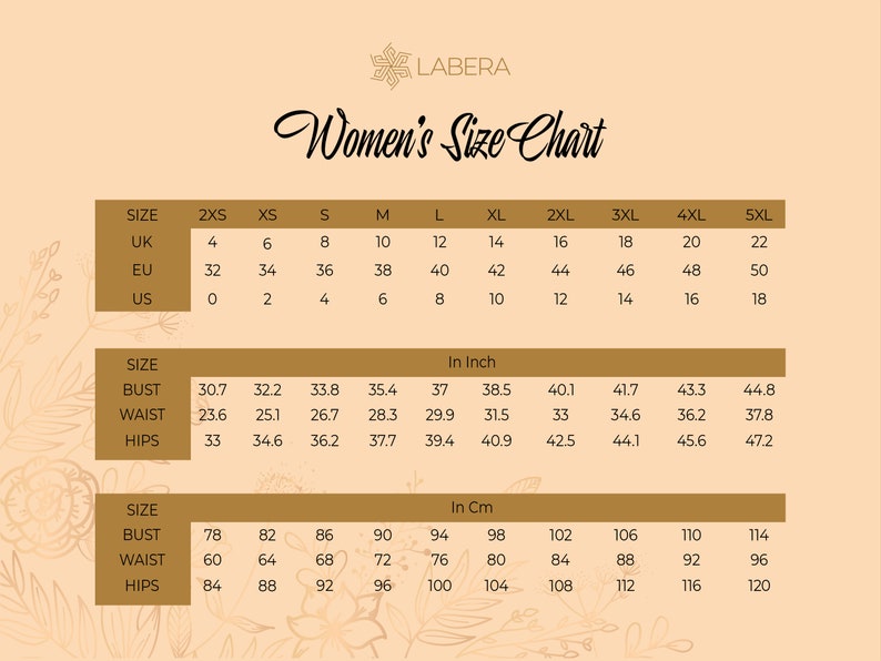 May include: A size chart for women's clothing with measurements in inches and centimeters. The chart includes sizes from 2XS to 5XL and lists bust, waist, and hip measurements.