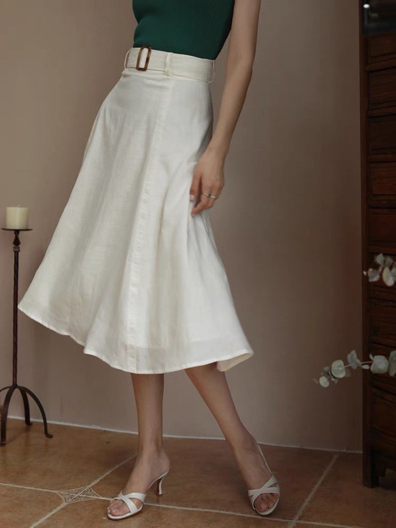 1930s Skirts : Midi Skirts, Tea Length, Pleated     Vintage Skirt - Linen Skirt - Midi Skirt - High Waist Skirt - White Skirt - Skirt With Waist Band - Gift For Her - Over Size Skirt  AT vintagedancer.com