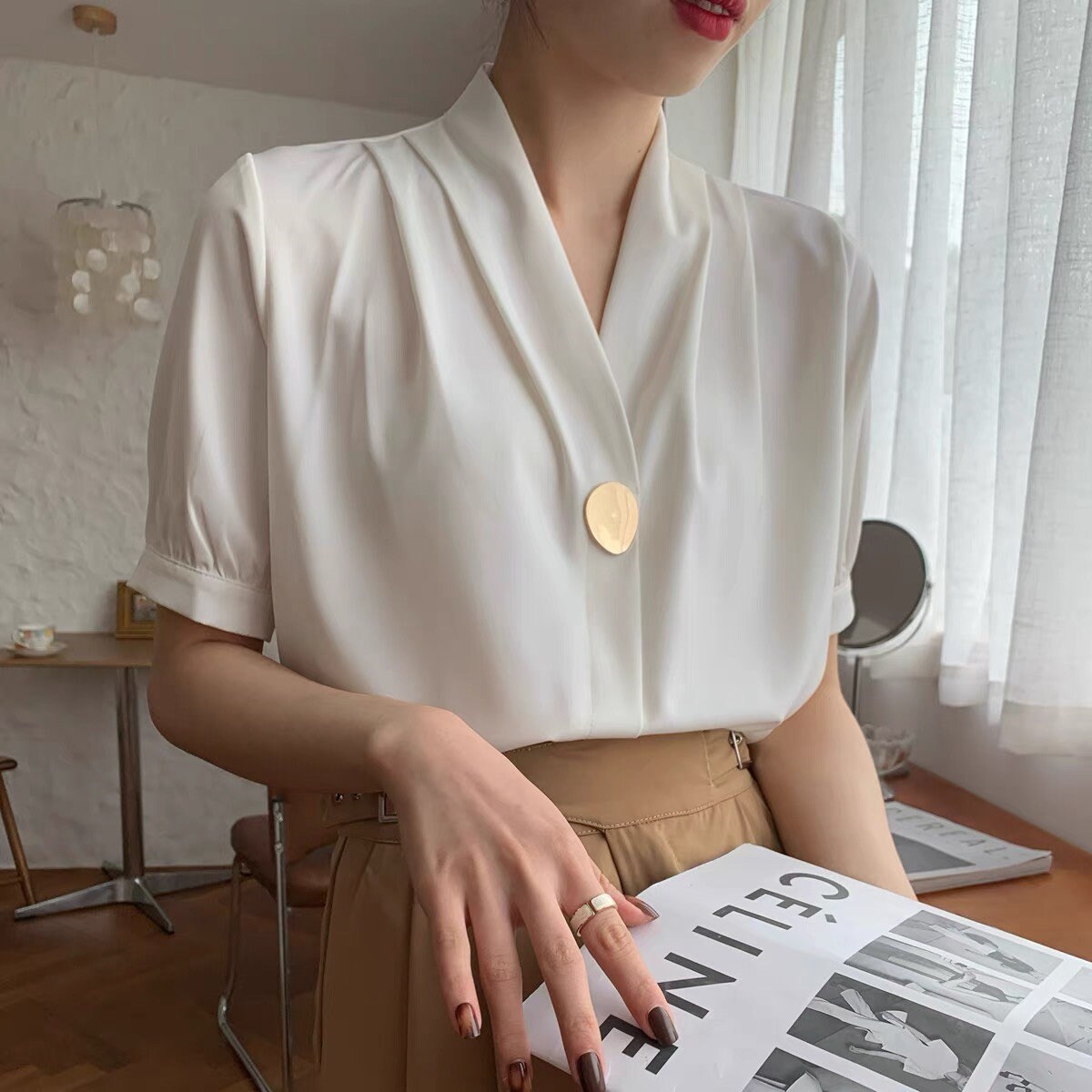 Silk Wrap Blouse/ Black Silk Blouse/ Short Sleeve Blouse
