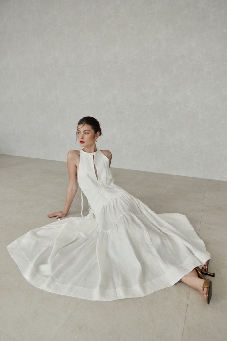 100% Premium Linen Dress Washed White Halter Dress Flax Dress Maxi Dress Simple Wedding Dress White Dress LAA78 image 1