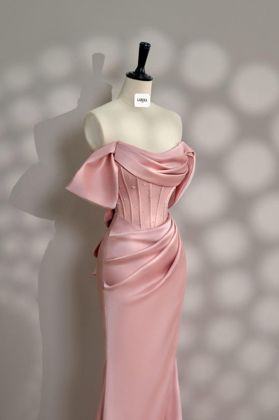 Pink Dress Long Satin Dress Party Dress Cold Shoulder Dress