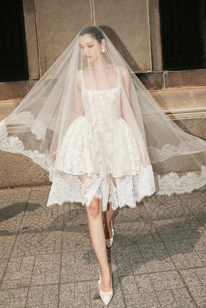 May include: A white lace wedding dress with a tulle veil. The dress has a fitted bodice and a full skirt. The veil is trimmed with lace and has a scalloped edge.