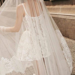 May include: A white lace wedding dress with a tulle veil. The veil has a lace trim and is flowing behind the dress. The dress has a fitted bodice and a full skirt. The dress is worn by a person standing on a sidewalk.