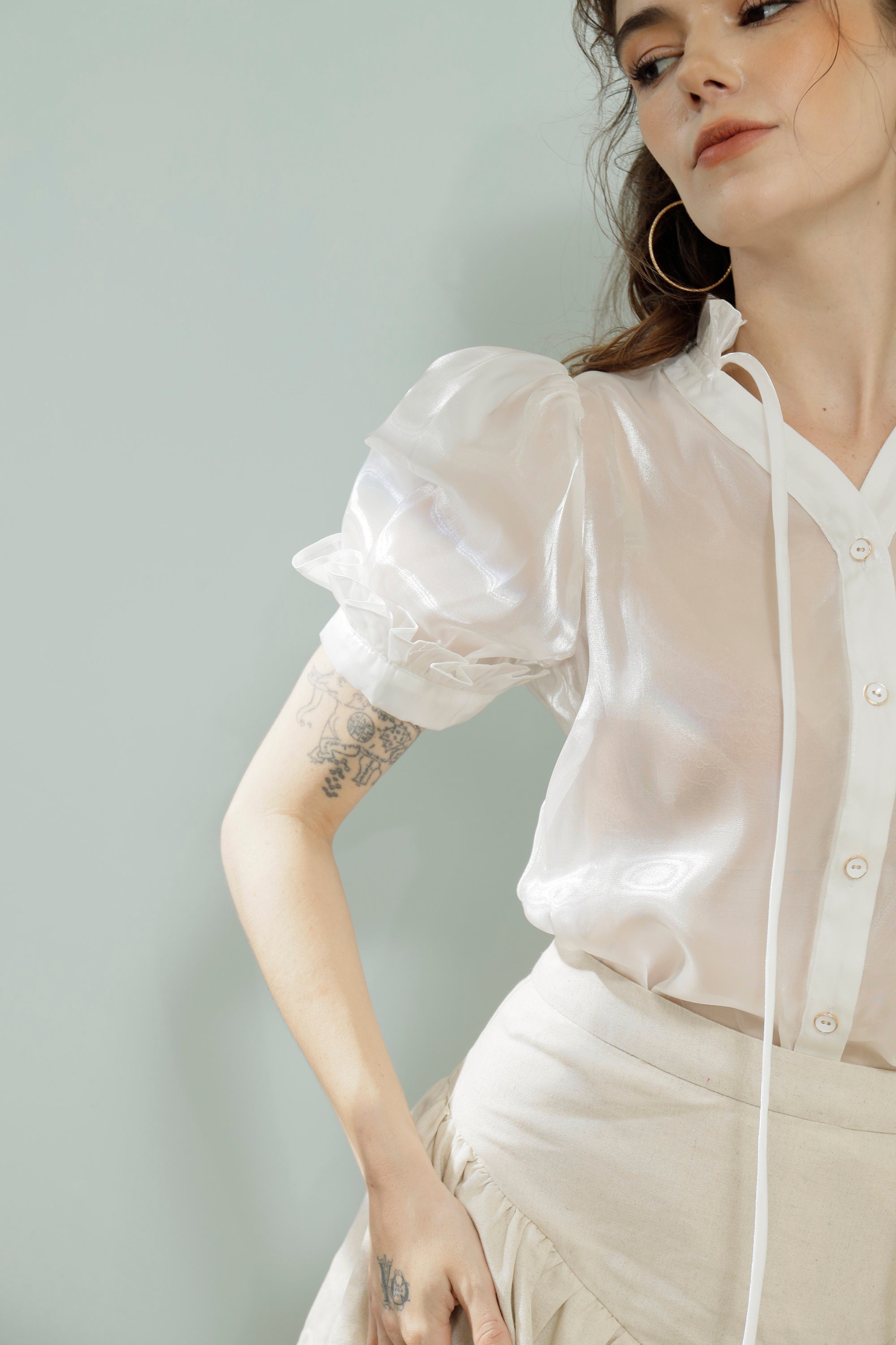 Silk Long Sleeves Button Down Shirt / Organza Blouse / Silk
