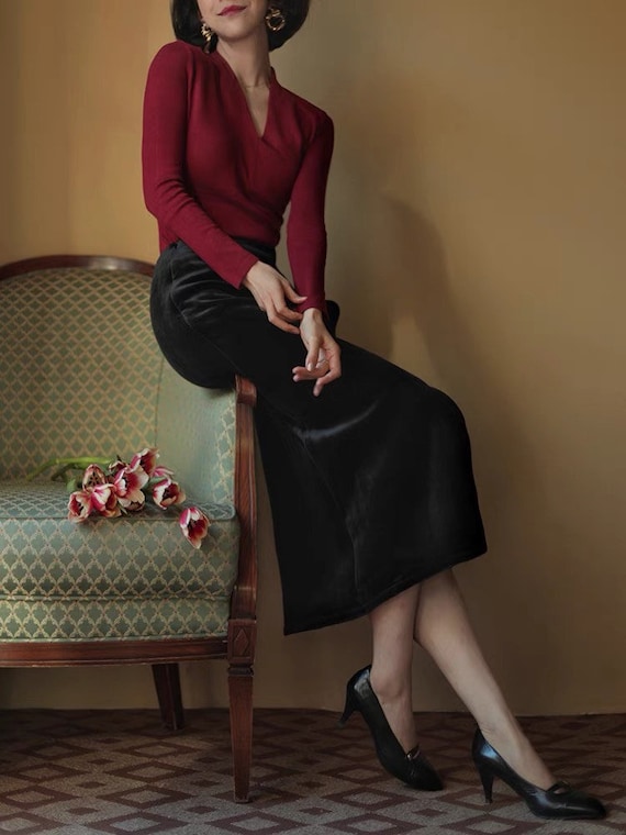 Velvet Midi Skirt - High Waisted Skirt - Velvet Clothing