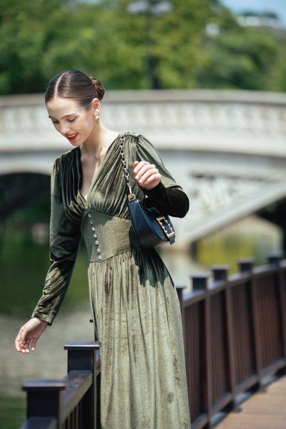 olive green velvet dress long sleeve Olive Velvet Dress/ Velvet Bridesmaid Dress/ Velvet Long Dress/ Velvet Long Sleeve Dress/ Winter Dress/ GIft For Her/ Office Dress LAA202