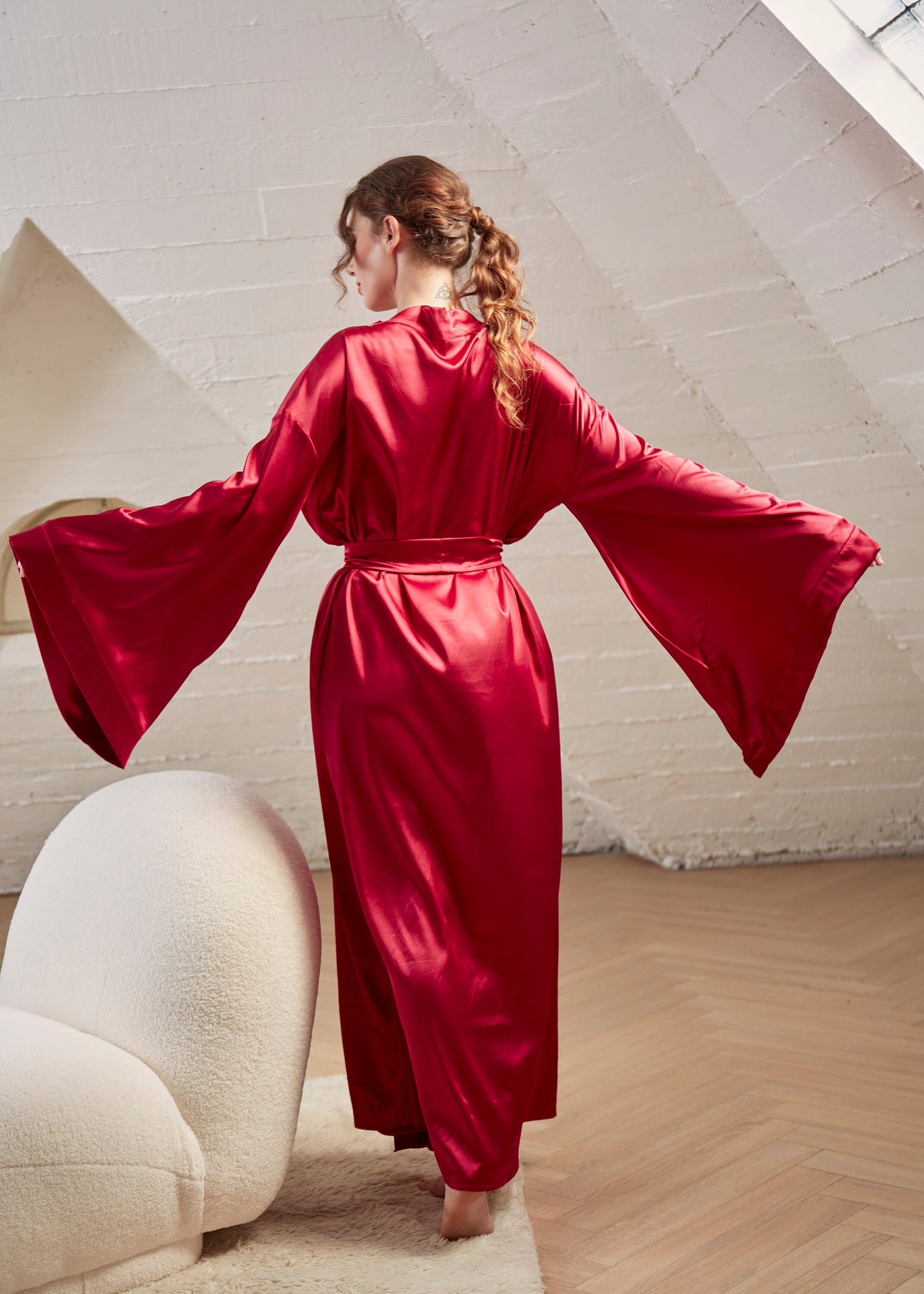 Kimono Silk Robe/ Silky Kimono Sleeves Long Robe/ Long Kimono Silk Robe/ Silky Kimono Sleeves Long Robe/ Long