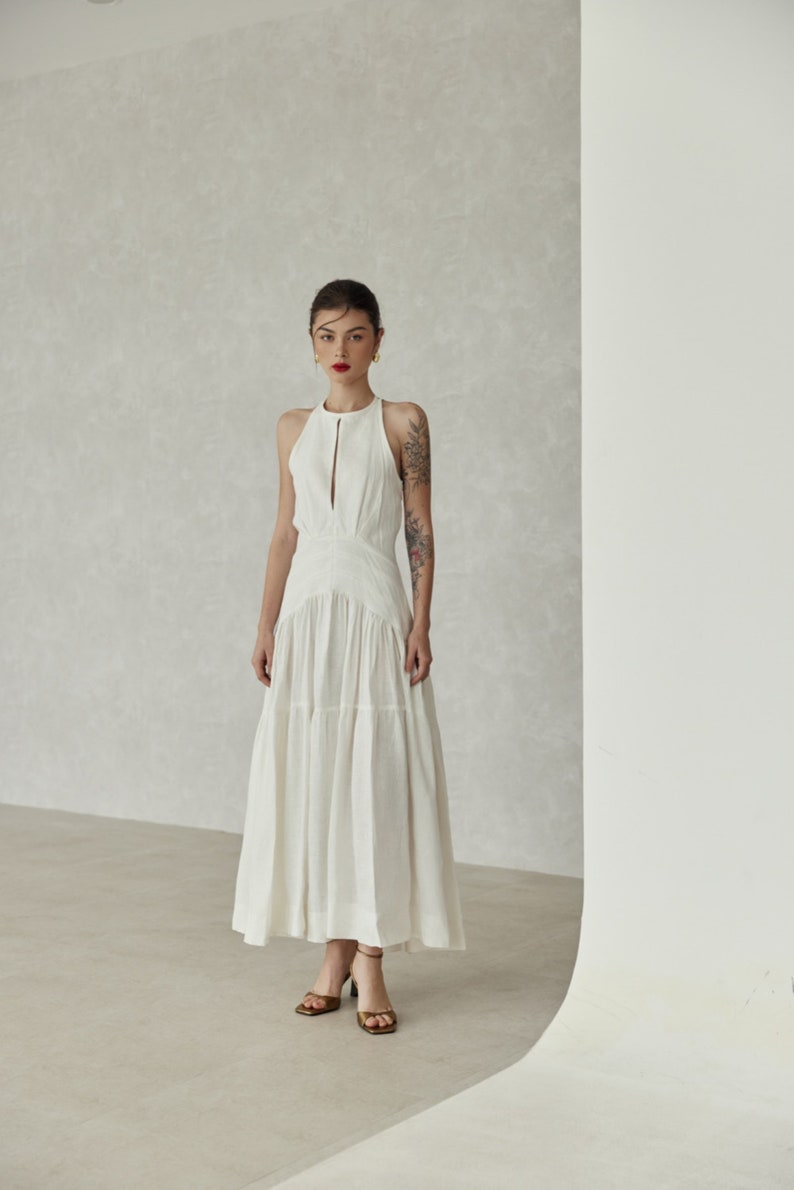 100% Premium Linen Dress Washed White Halter Dress Flax Dress Maxi Dress Simple Wedding Dress White Dress LAA78 image 6