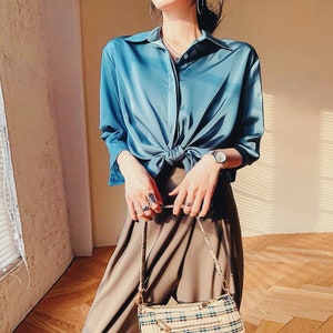 Silk long sleeves button down shirt/ Silk Blouse / Office Blouse/ Reception Blouse/ Graduation Blouse/ Silk Shirt/ Gift For Her LAA53 image 3