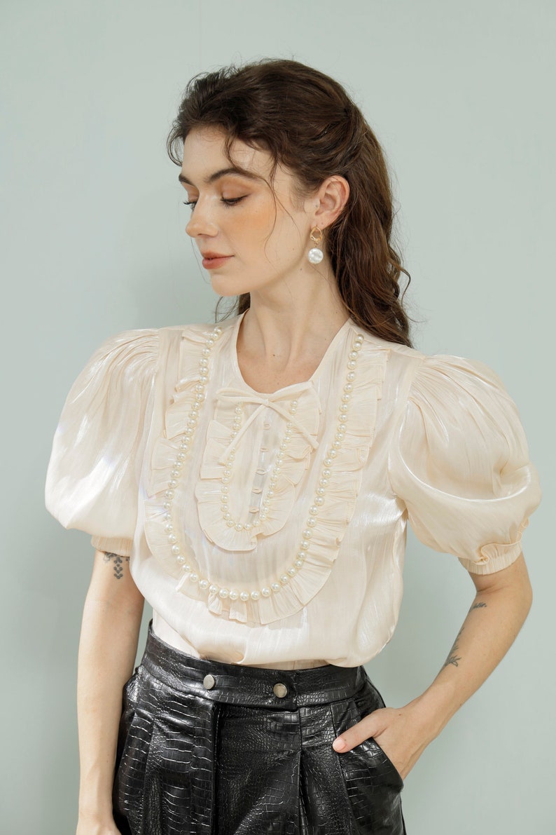 Vintage Blouses, Tops & Retro Shirts     Organza Blouse /Pearl Button Reception Blouse/ Bridesmaid Blouse / Ivory Blouse / Puff Sleeves Blouse / Vintage Blouse/ Graduation Blouse  AT vintagedancer.com