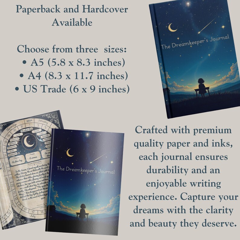 Format & quality options – A5, A4, US Trade sizes with premium paper – a guided dream interpretation journal for spiritual dreamers.