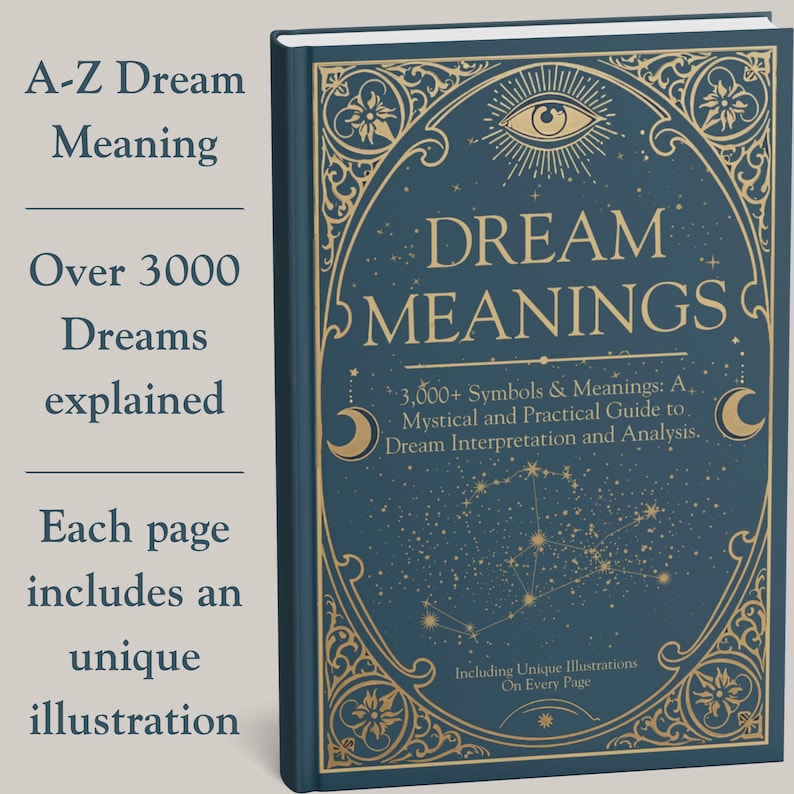 Front cover of the Dream Meanings dream interpretation guide in navy blue with ornate vintage-style gold artwork. The design showcases a prominent all-seeing eye at the top, flanked by intricate filigree, with golden crescent moons and constellations of stars across the cover. This mystical dream dictionary promises 3,000+ dream symbols and meanings, and its cover evokes an antique, spiritual aesthetic that invites the reader to explore the subconscious.