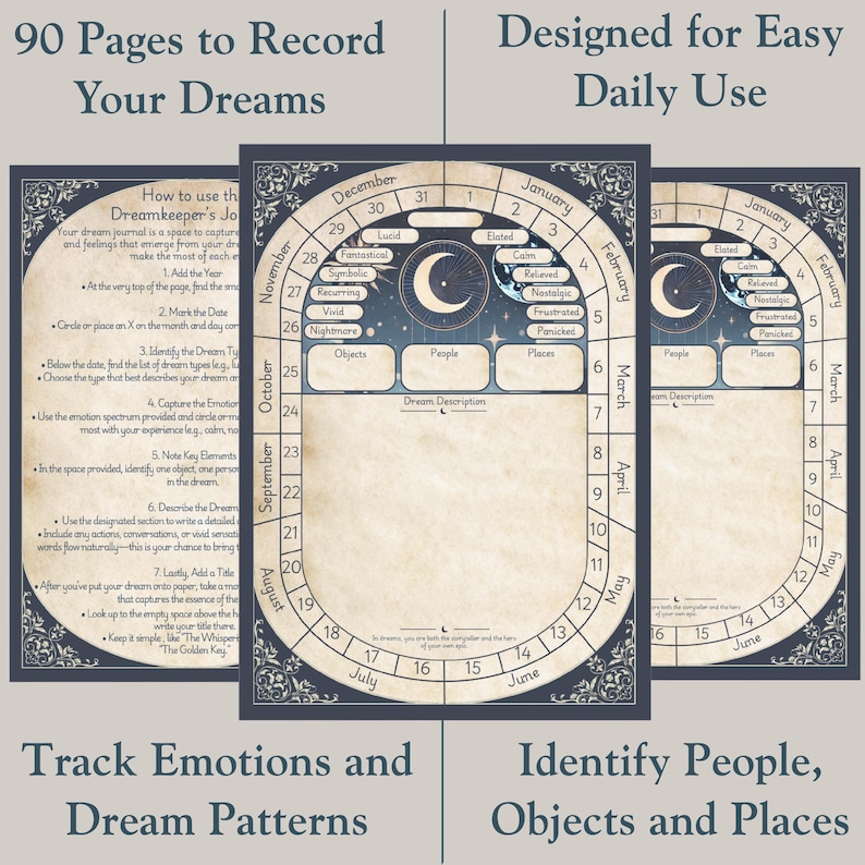 Lucid dream journal interior – guided journal sections to track emotions and people/places for dream interpretation and self-discovery.