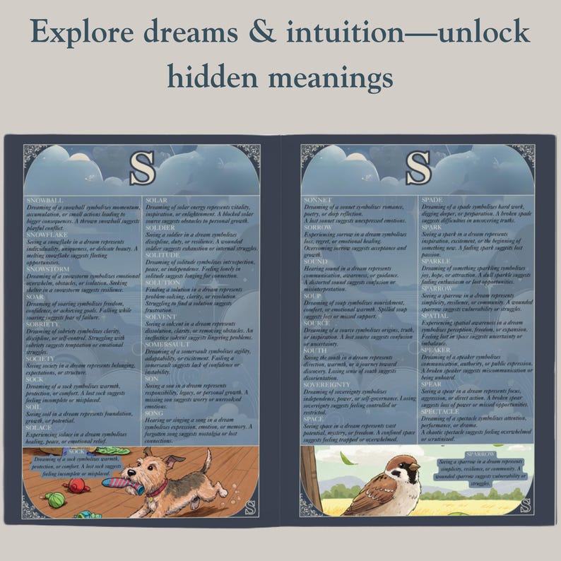 Another spread from the “S” chapter of the Dream Meanings dictionary. The left page shows entries such as Snowball, Solar, Solitude, Sock, etc. At the bottom, a cartoon-style illustration of a small brown terrier dog happily tugging on a striped sock corresponds to the “Sock” dream symbol, adding a touch of humor and relatability to the interpretations. The right page continues with entries (like Sonnet, Sorrow, Spade, Sparrow and more),
