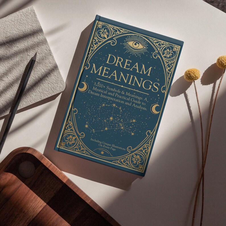 A styled overhead shot featuring the Dream Meanings book as part of a creative workspace. The hardcover book with its ornate blue-and-gold cover lies on a white table bathed in warm sunlight. To the left, a textured notebook and a pencil suggest a journaling moment , and to the right, a pair of yellow dried billy  Soft shadows stripe across the scene, enhancing the cozy yet mystical ambiance. This inviting composition shows the book as not just a reference guide but also a beautiful accessory