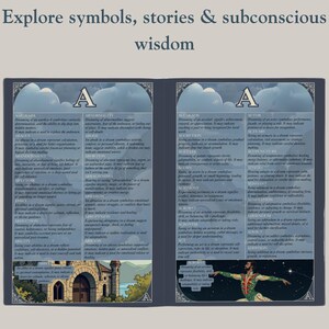 Two facing pages from the “A” section of the Dream Meanings dream dictionary are shown. The left page includes terms from Aardvark and Abandonment down to Abbey, complemented by an illustration of a medieval stone abbey (church) at the bottom, symbolizing the “Abbey” dream meaning. The right page continues with entries like Accolade, Actor, Acrobat; at its bottom, a colorful image of a circus acrobat stretching out his arms under a starry night illustrates the “Acrobat” entry.