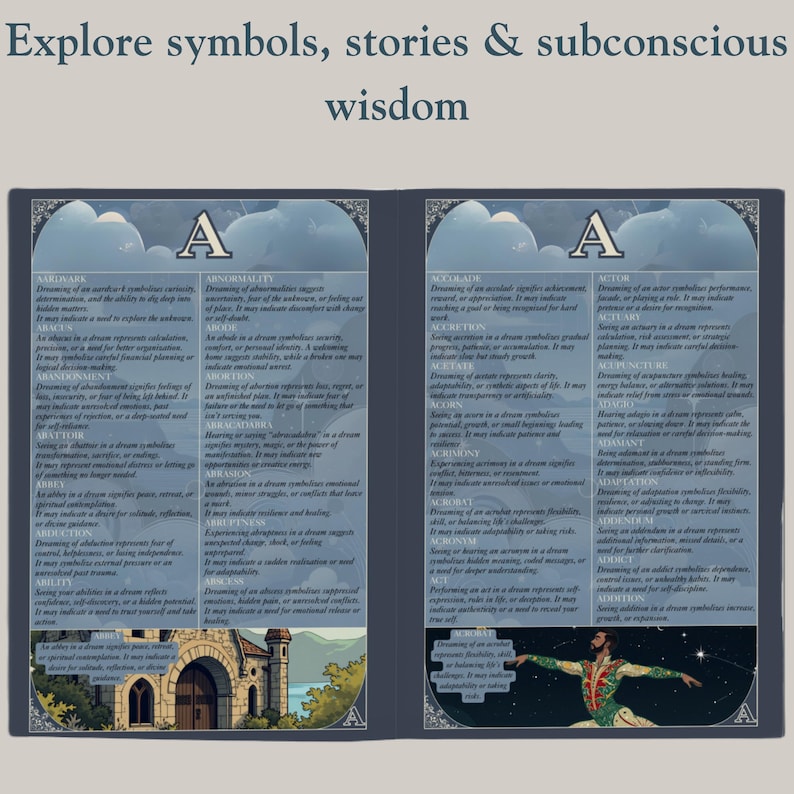 Two facing pages from the “A” section of the Dream Meanings dream dictionary are shown. The left page includes terms from Aardvark and Abandonment down to Abbey, complemented by an illustration of a medieval stone abbey (church) at the bottom, symbolizing the “Abbey” dream meaning. The right page continues with entries like Accolade, Actor, Acrobat; at its bottom, a colorful image of a circus acrobat stretching out his arms under a starry night illustrates the “Acrobat” entry.