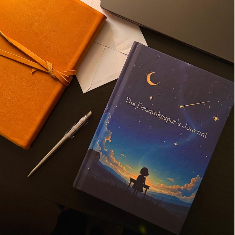 Dream journal on desk with pen – guided lucid dreaming journal for nightly entries and spiritual reflection – an ideal gift for dreamers.