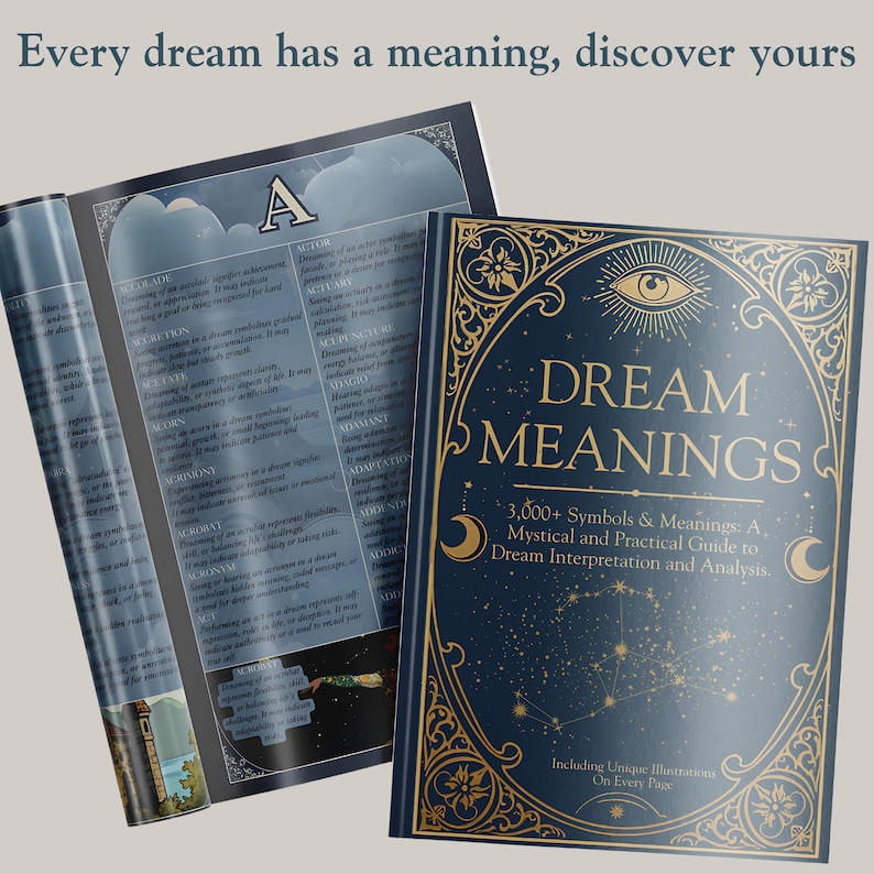 A display of the Dream Meanings book combining its exterior and interior. The hardcover on the right features an ornate blue cover with gold celestial motifs (an all-seeing eye, moons, and stars). Beside it, the book lies open to the “A” section, where entries like “Accolade,” “Actor,” and “Acrobat” are visible in neat columns. You can spot a small illustration of an old stone abbey at the bottom of the left page (for the symbol “Abbey”), highlighting the unique illustration on every page.