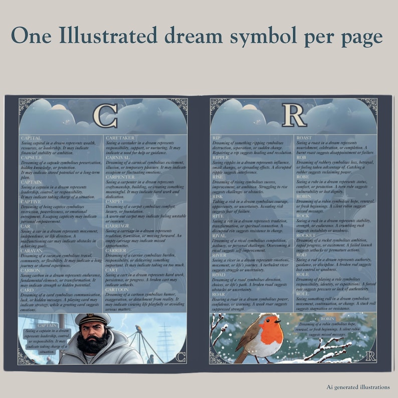 Side-by-side pages from the Dream Meanings guide showcasing two different letters. On the left, under “C,” entries like Captain, Carpet, and Carriage are listed, and at the bottom of the page an illustration of a bearded ship captain in a coat appears in front of a sailing vessel (bringing the “Captain” dream symbol to life). On the right, under “R,” you see terms such as River, Roar, Robin, etc., and a bright painting of a robin (red-breasted bird) perched on a snowy branch at the bottom
