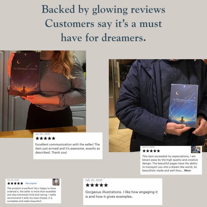 Customer review collage – dreamers rave about this guided dream interpretation journal’s impact on lucid dreaming and spiritual insights.