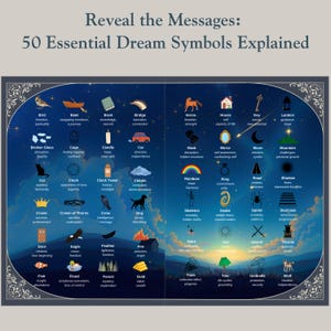 50 dream symbols guide – illustrated page from a guided dream journal linking symbols to their dream meanings for spiritual self-discovery.