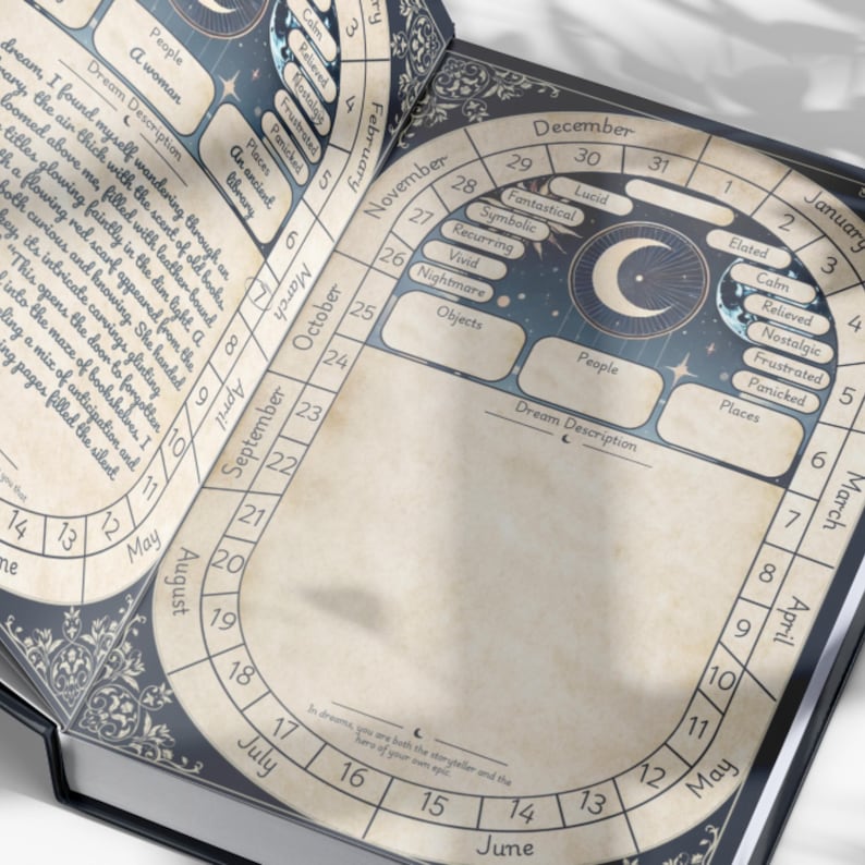 Guided dream journal open flat showing celestial layout – a spiritual journal ideal for recording lucid dreams and exploring dream symbols.