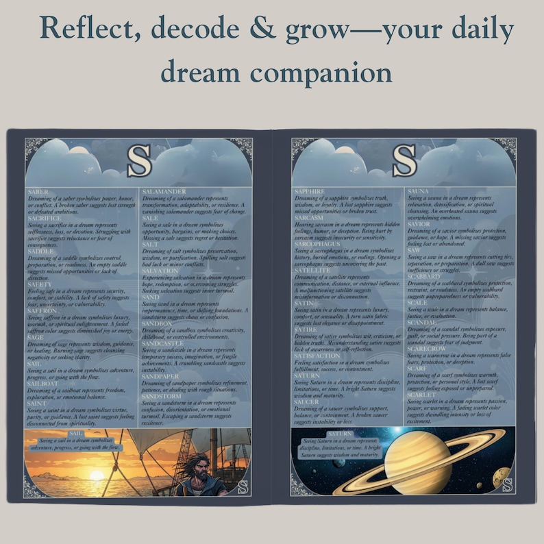 A full spread from the “S” section of Dream Meanings. The left page contains entries like Saber, Sacrifice, Sail, etc., and features a sailboat scene at the bottom — a man on a ship sailing into a golden sunset, illustrating the dream symbol of “sailing” or sailboat (connoting adventure or journey in dream lore). The right page continues with S-terms such as Sapphire, Saturn, Sauna, and at the bottom showcases a stunning image of the planet Saturn with its rings against a starry cosmos