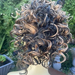 Black with golden highlights (1B/27)deep curl hair Scrunchie in human hair mix with premium hair , extensions ponytail 8 inches