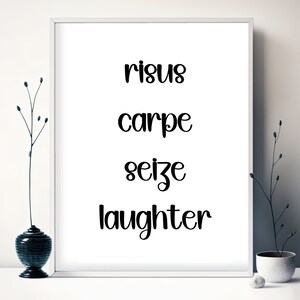 Puede incluir: Un marco blanco con las palabras negras "risus, carpe, seize, laughter" sobre un fondo blanco. Plantas decorativas en jarrones a ambos lados del marco.