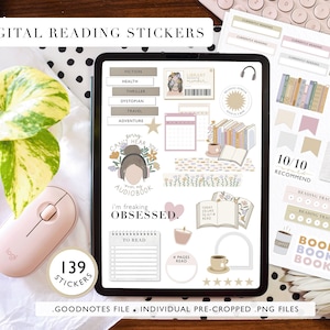 May include: A digital sticker set for Goodnotes featuring 139 reading-themed stickers. The stickers are in a variety of styles, including cute illustrations, simple text, and colorful designs. The stickers are perfect for organizing and decorating your digital planner or notebook.